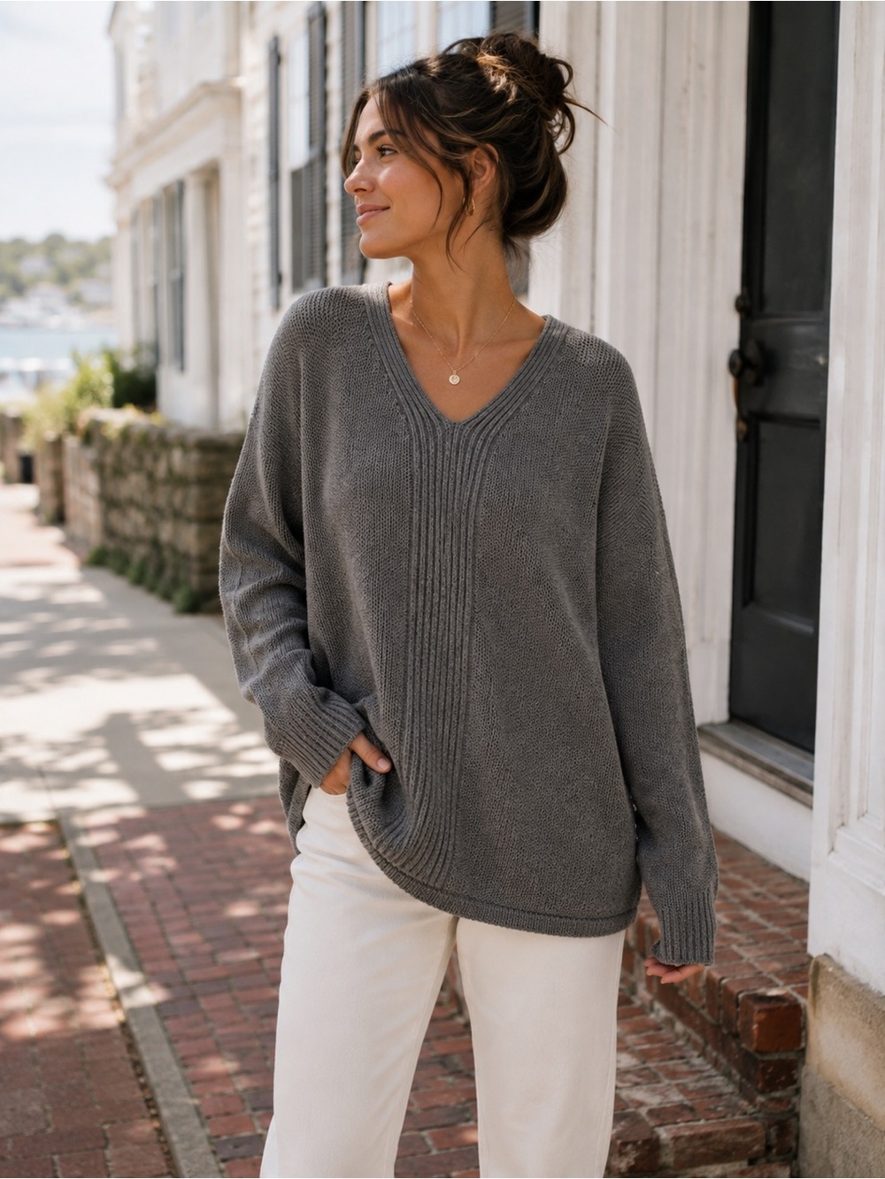 Lands’ End 1X Gray Cotton V-Neck Sweater Oversized Slouchy Preppy Coastal